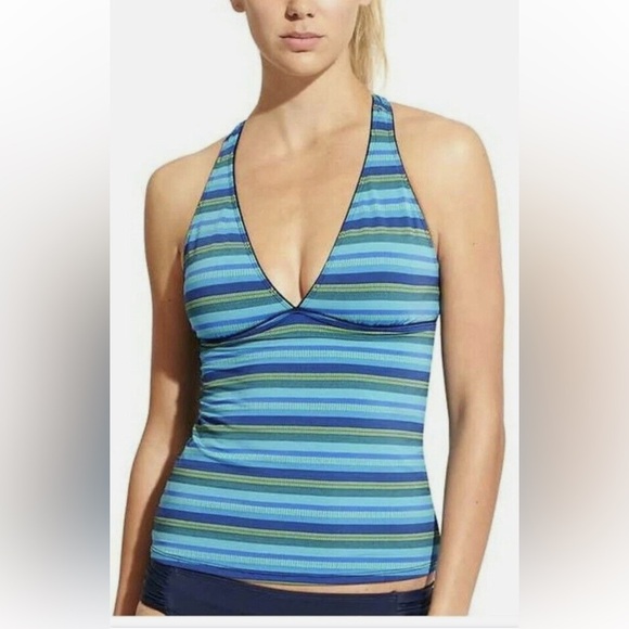 Athleta Tulum T Back Tankini Top Navy Blue Stripes - Picture 1 of 6